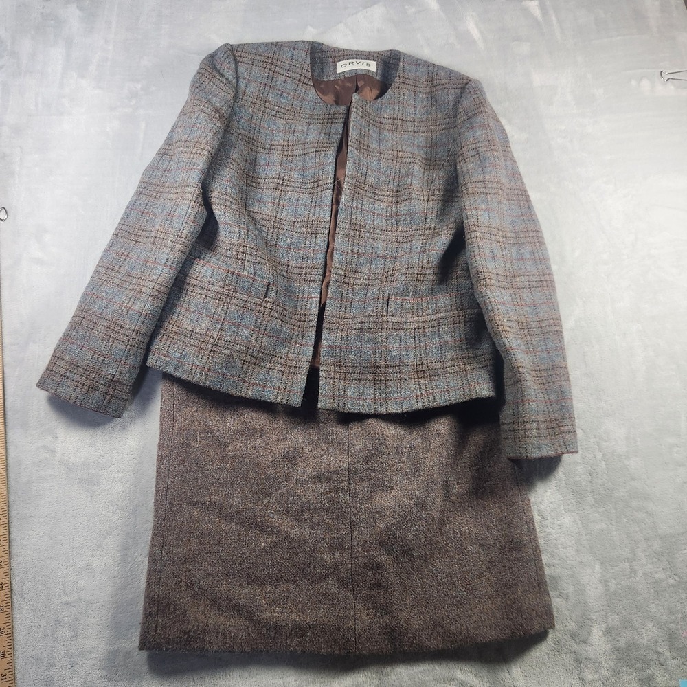 Orvis Suit Womens Brown Wool Tweed Two Piece Blazer Skirt Vintage 6